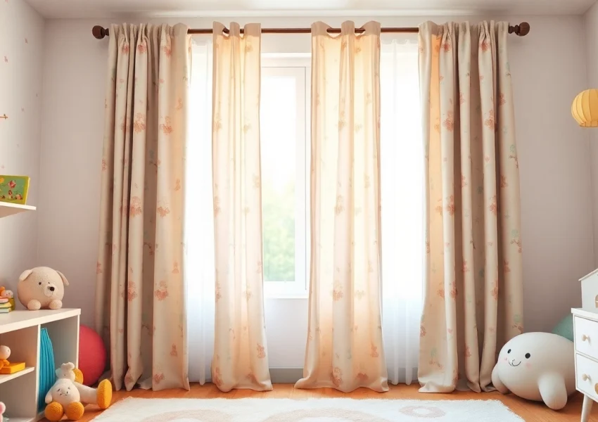 Brightly colored kids room curtains bringing joy and light into a cozy children's space.