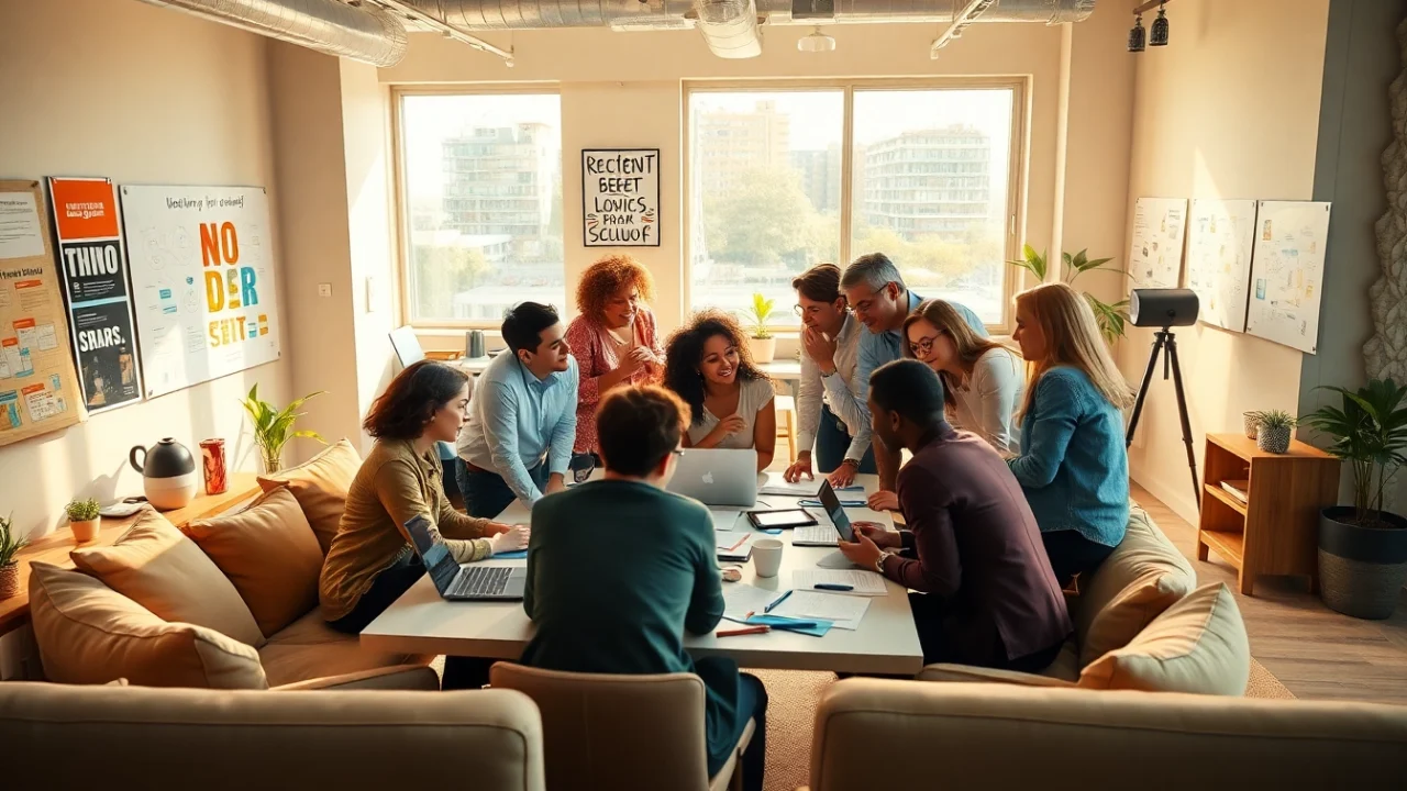 Dynamic team collaboration at a Content Agency, brainstorming over creative strategies and materials.