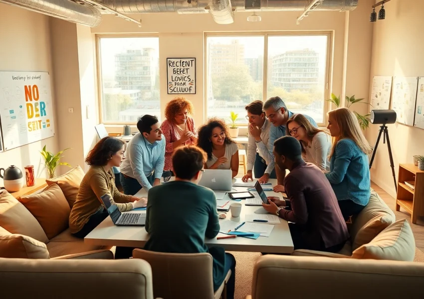Dynamic team collaboration at a Content Agency, brainstorming over creative strategies and materials.