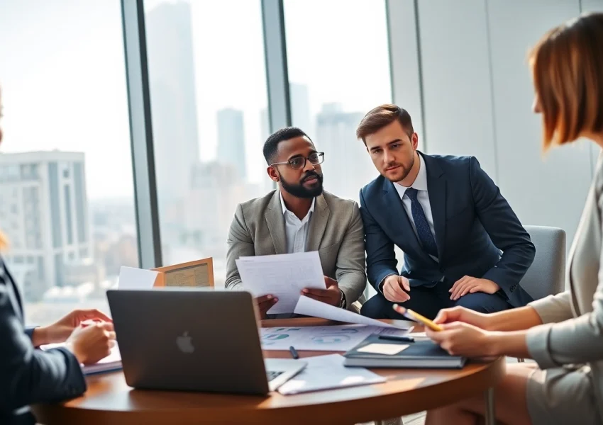 Collaborative professionals discussing how to buy an MBA degree in a modern office.