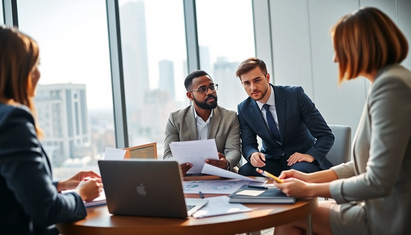 Collaborative professionals discussing how to buy an MBA degree in a modern office.