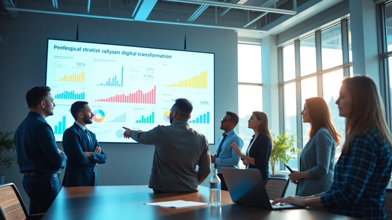 Streamlining digital strategy with a collaborative team in a modern office.