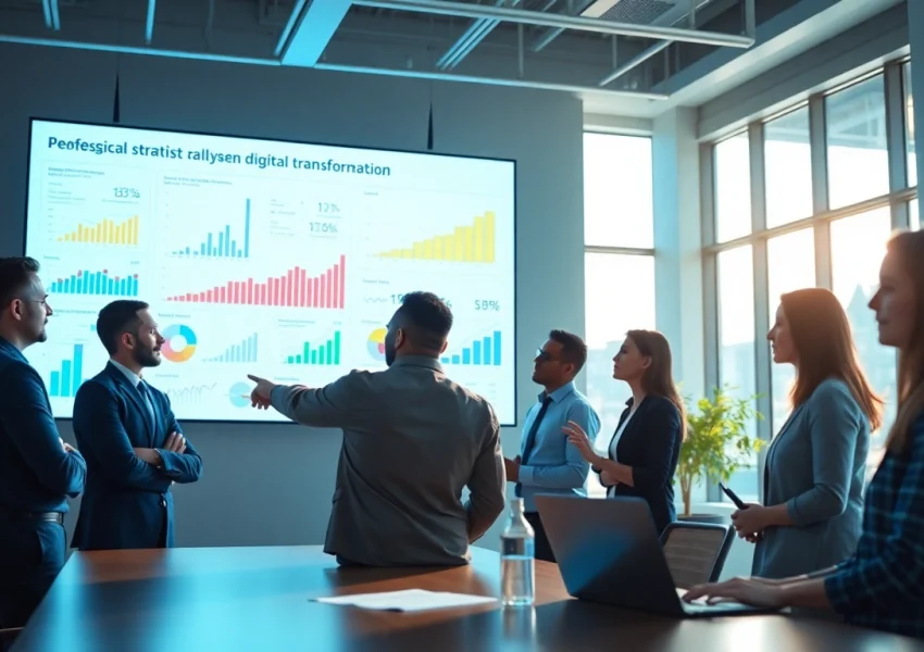 Streamlining digital strategy with a collaborative team in a modern office.