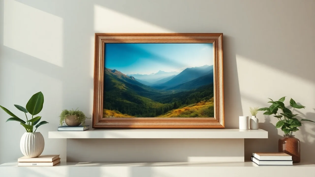 Showcase a 20x30 frame elegantly holding a scenic photo in a cozy living room setting.