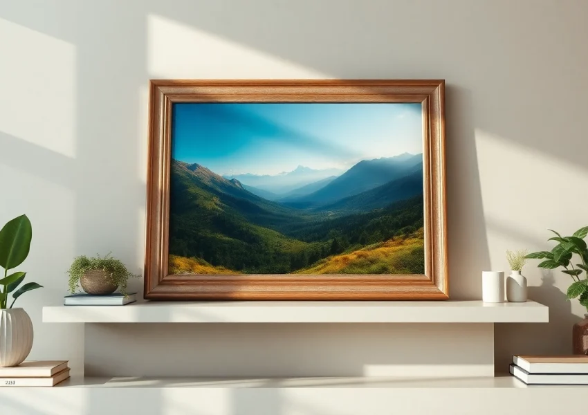 Showcase a 20x30 frame elegantly holding a scenic photo in a cozy living room setting.