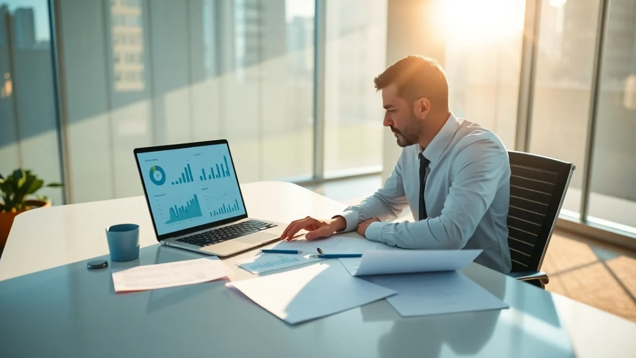 Analyze receivables with Axolt at a modern workspace featuring documents and charts.