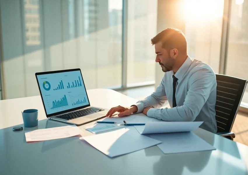 Analyze receivables with Axolt at a modern workspace featuring documents and charts.