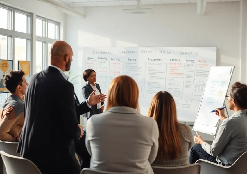 Engaging business coaching service session fostering collaboration among clients.