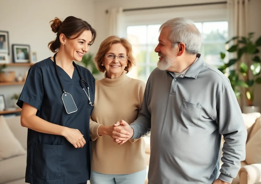 Engaged caregiver providing austin senior home care to an elderly couple in a warm living room.