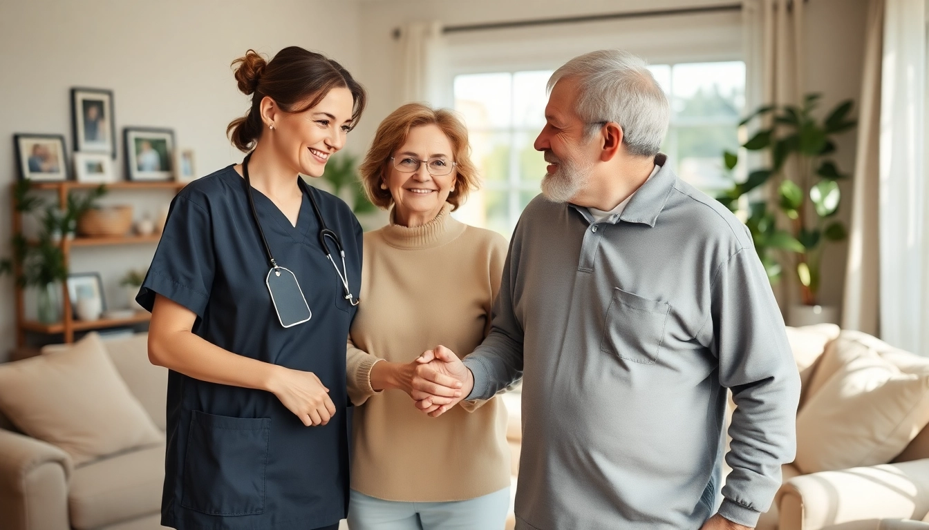 Engaged caregiver providing austin senior home care to an elderly couple in a warm living room.