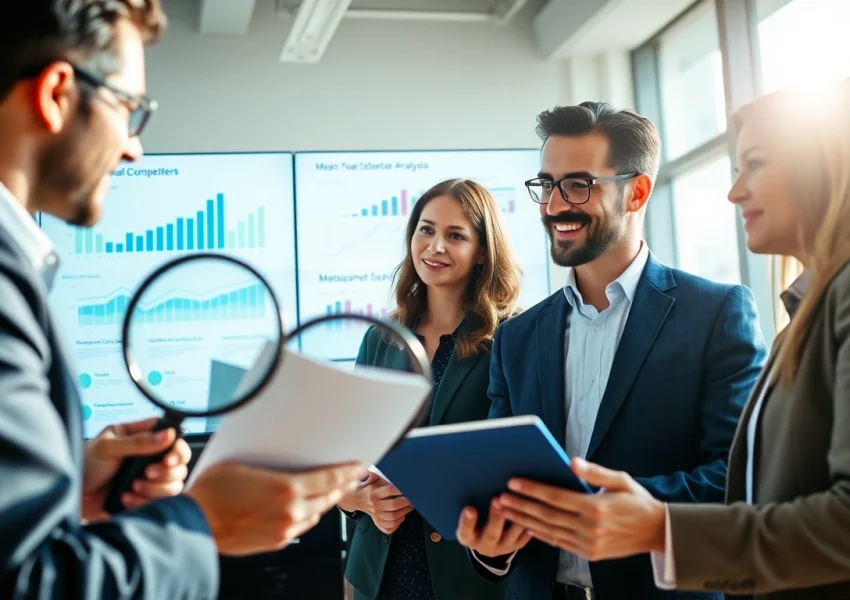 Engaged team conducting competitor analysis in a bright office setting, analyzing insightful data.