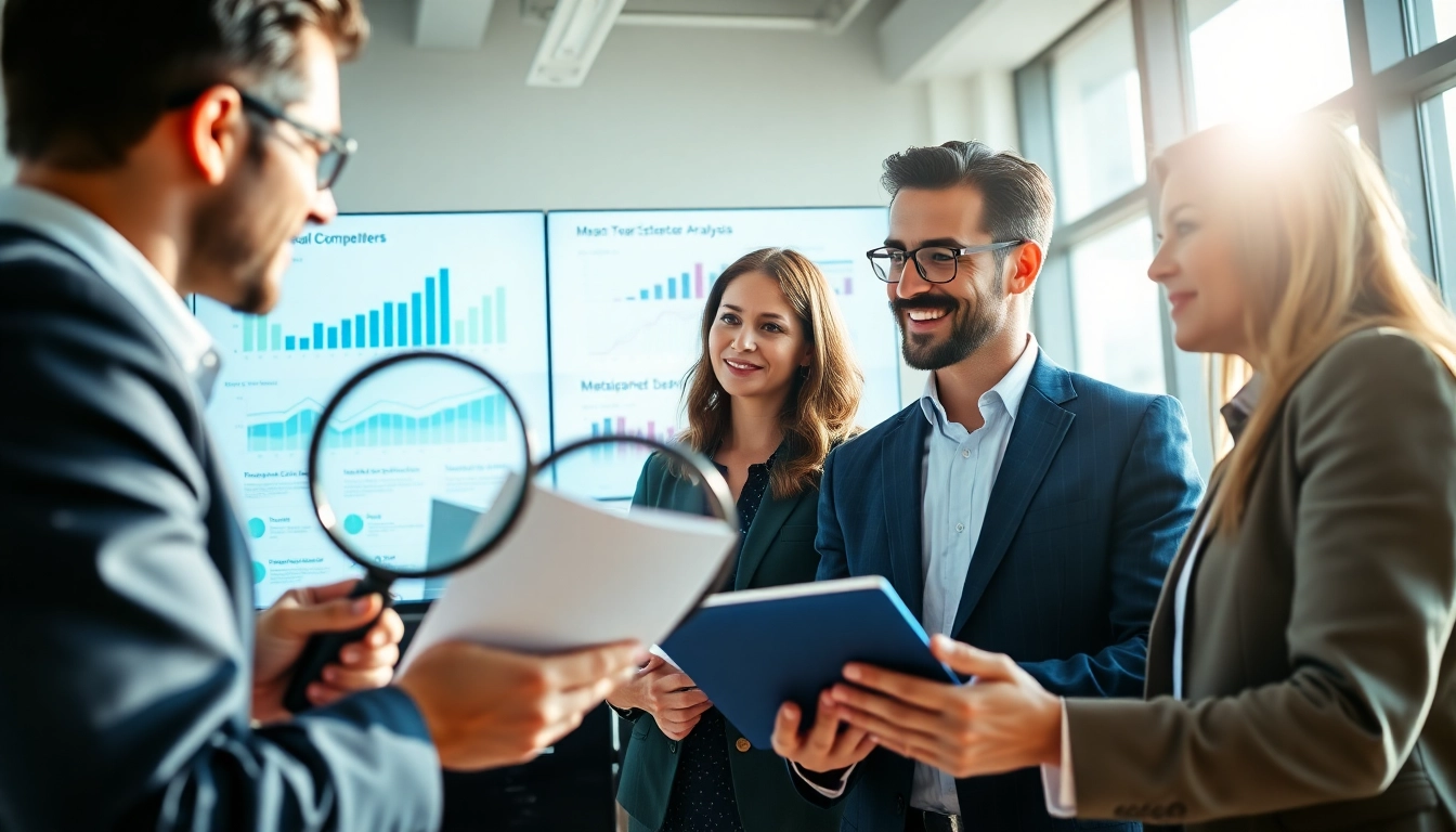 Engaged team conducting competitor analysis in a bright office setting, analyzing insightful data.