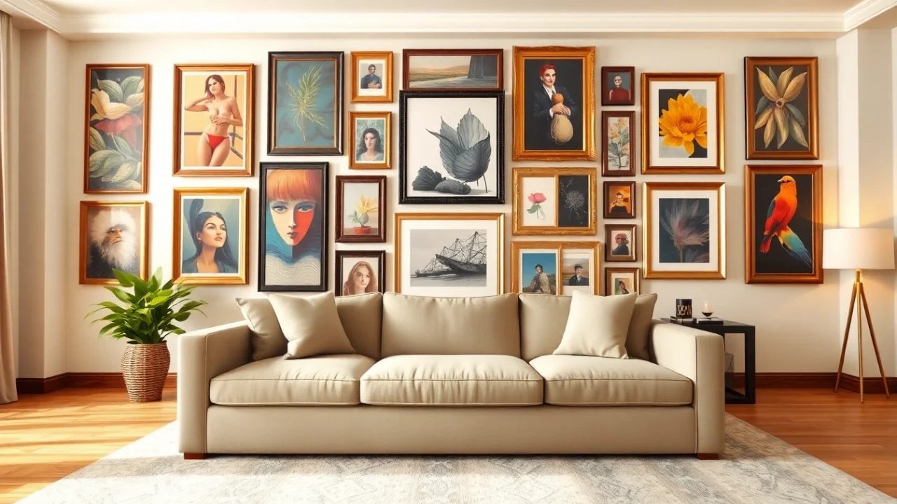 Showcasing large frames on a stylish gallery wall in a cozy living room setting.