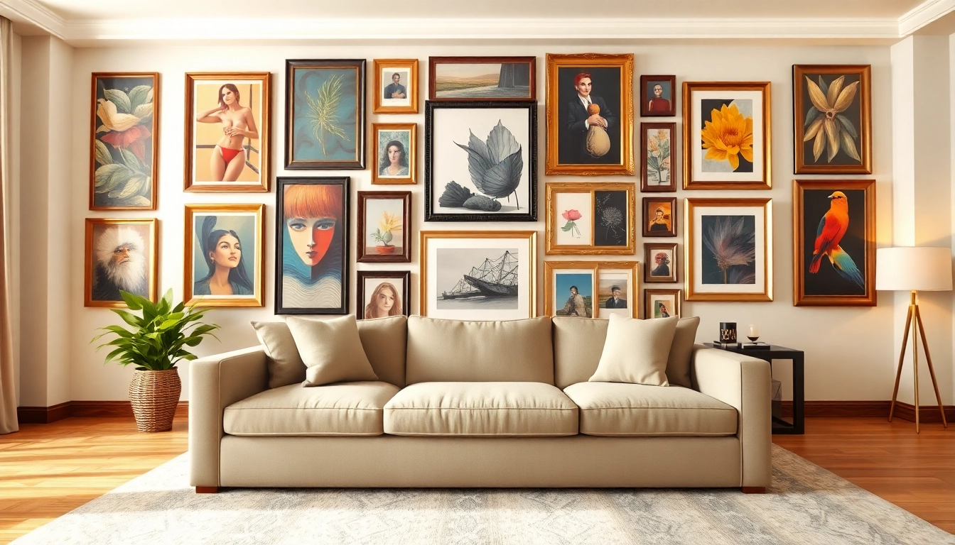 Showcasing large frames on a stylish gallery wall in a cozy living room setting.