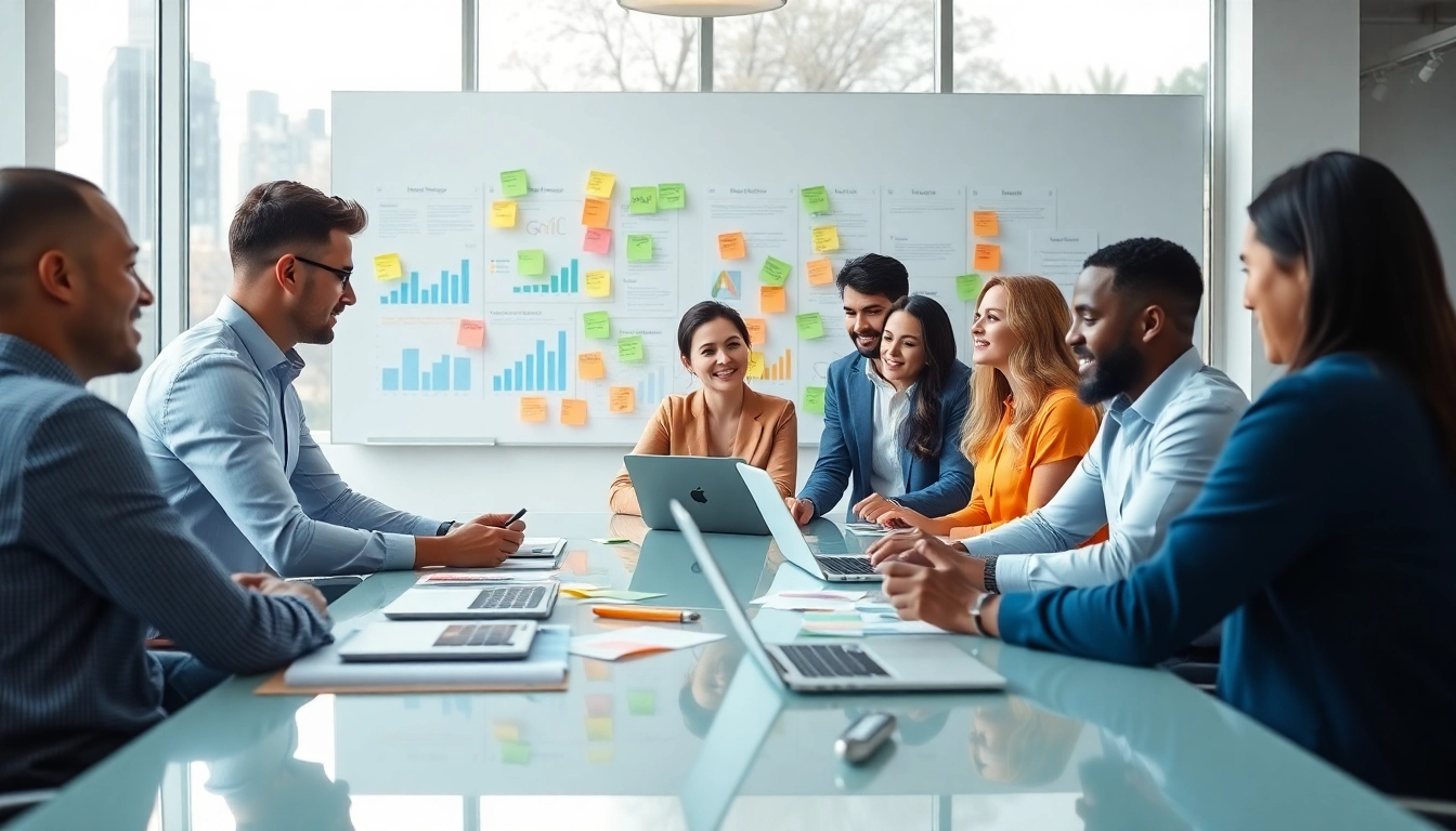 Social media agency team collaborating on strategies in a bright, modern office.