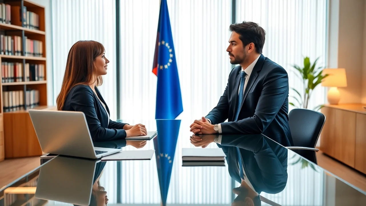 Abogada de inmigracion consulting with a client in a professional office environment.