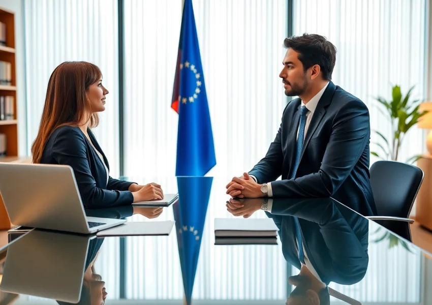 Abogada de inmigracion consulting with a client in a professional office environment.