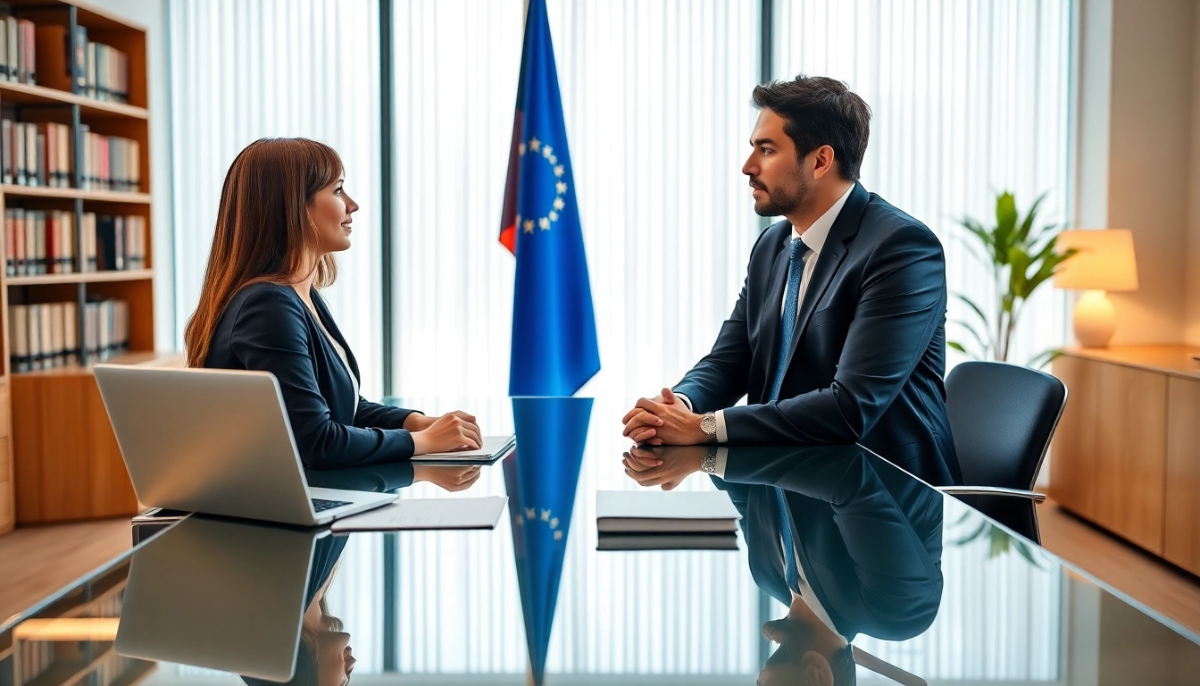 Abogada de inmigracion consulting with a client in a professional office environment.