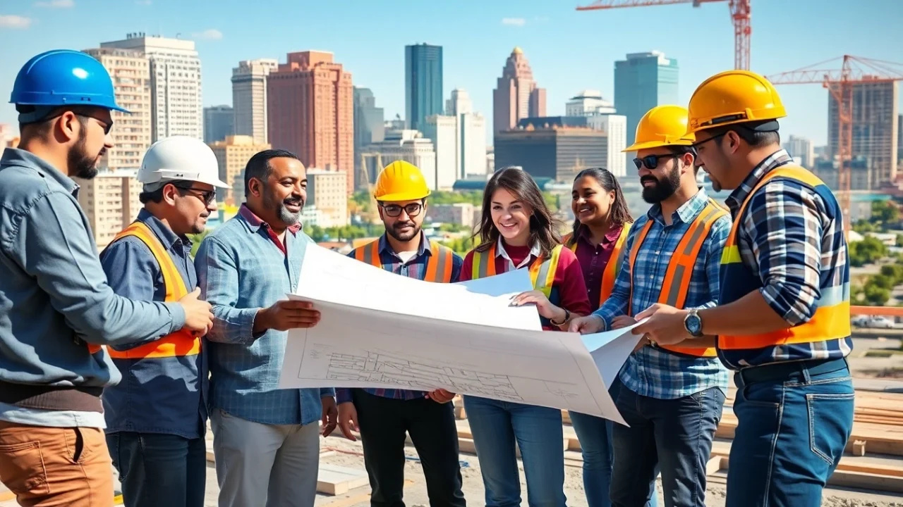 Austin construction team analyzing blueprints on a vibrant construction site with a skyline backdrop.
