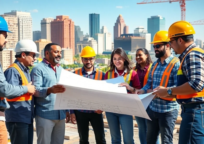 Austin construction team analyzing blueprints on a vibrant construction site with a skyline backdrop.