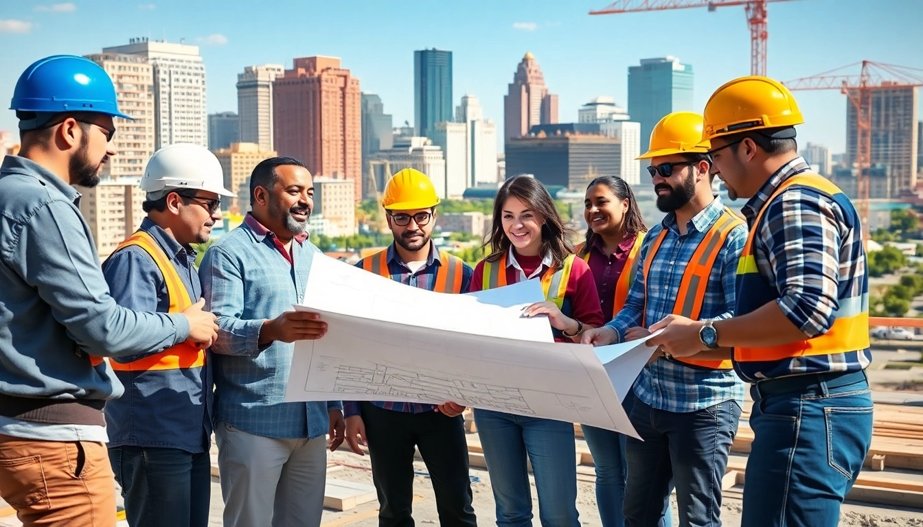 Austin construction team analyzing blueprints on a vibrant construction site with a skyline backdrop.