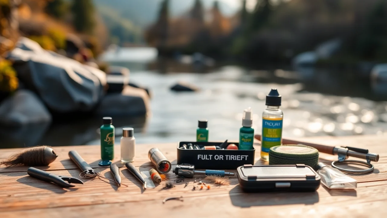 Showcase fly fishing accessories on a wooden table against a serene river backdrop.