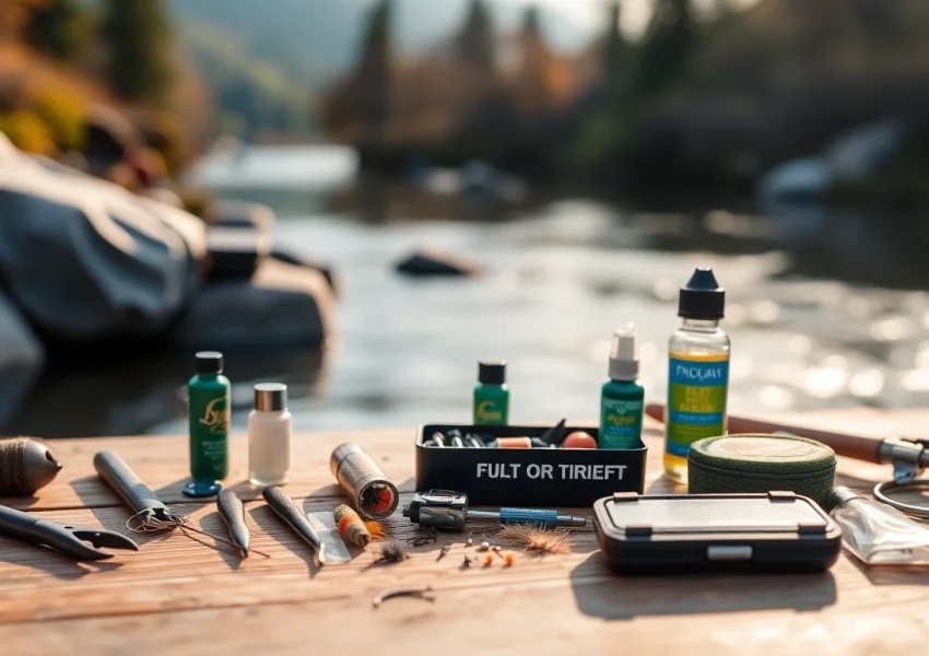 Showcase fly fishing accessories on a wooden table against a serene river backdrop.