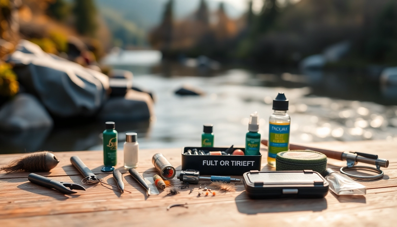 Showcase fly fishing accessories on a wooden table against a serene river backdrop.