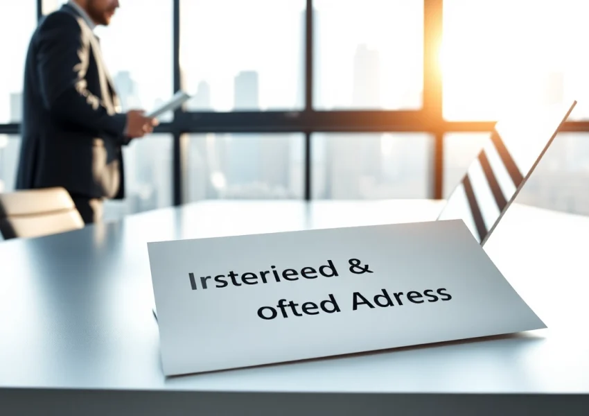 Highlighting a registered office address concept in a modern office environment with a professional reviewing documents.