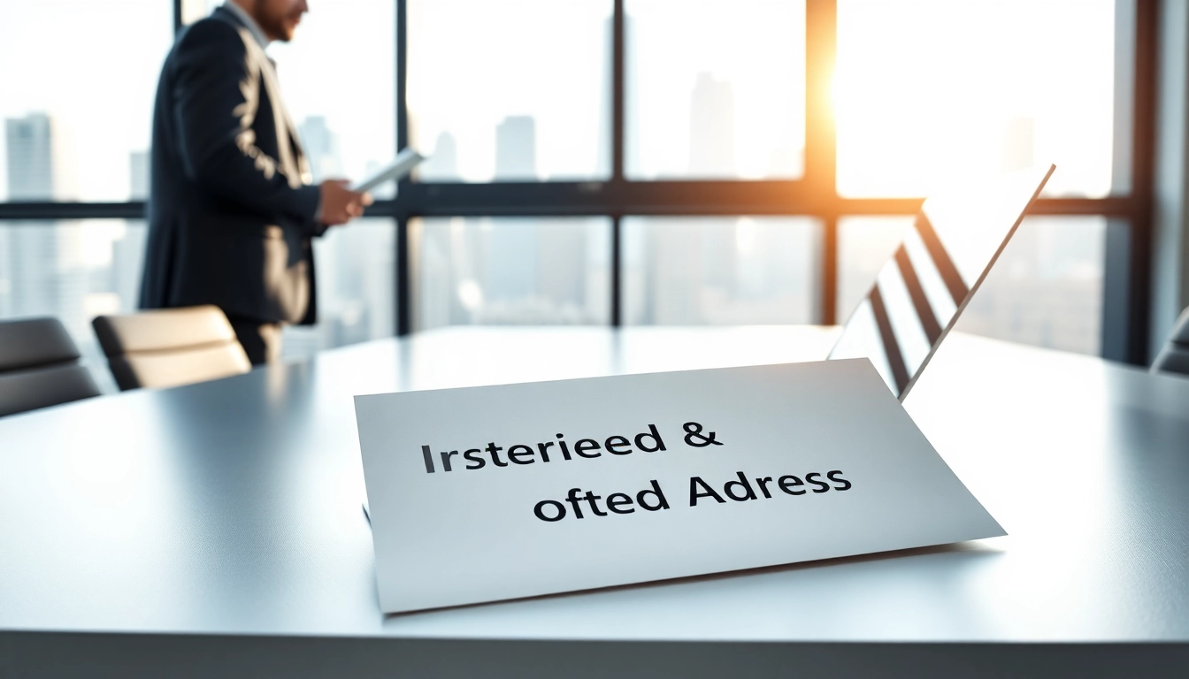 Highlighting a registered office address concept in a modern office environment with a professional reviewing documents.