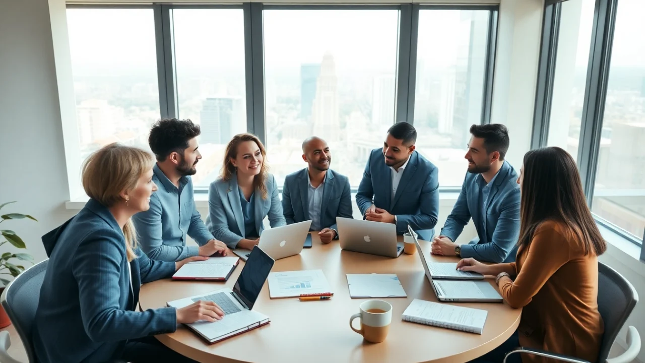 Engaging business coaching service session with diverse entrepreneurs in a bright office.