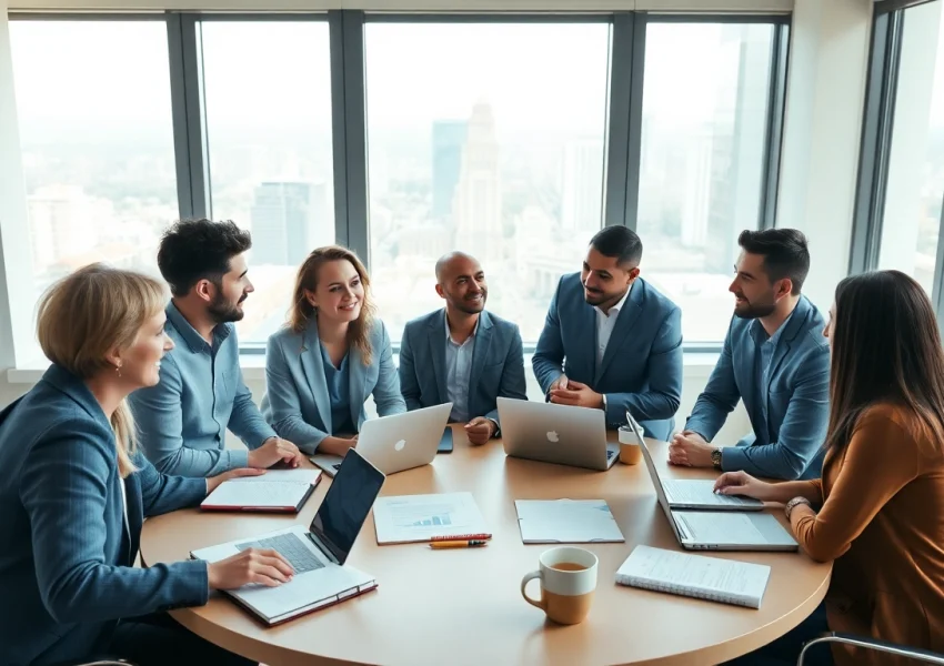 Engaging business coaching service session with diverse entrepreneurs in a bright office.