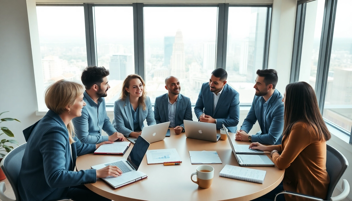 Engaging business coaching service session with diverse entrepreneurs in a bright office.