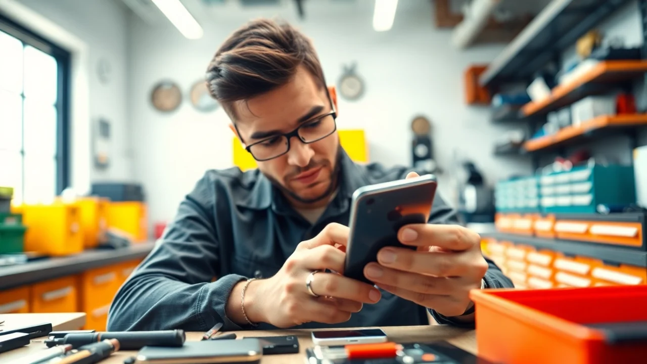Riparazione iPhone torino, tecnico esperto mentre ripara un dispositivo in un laboratorio moderno.