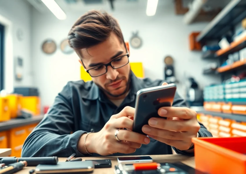 Riparazione iPhone torino, tecnico esperto mentre ripara un dispositivo in un laboratorio moderno.