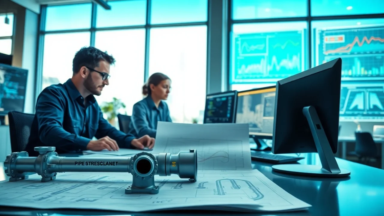 Engineers collaborating at a pipe stress company, showcasing advanced analysis and design techniques.