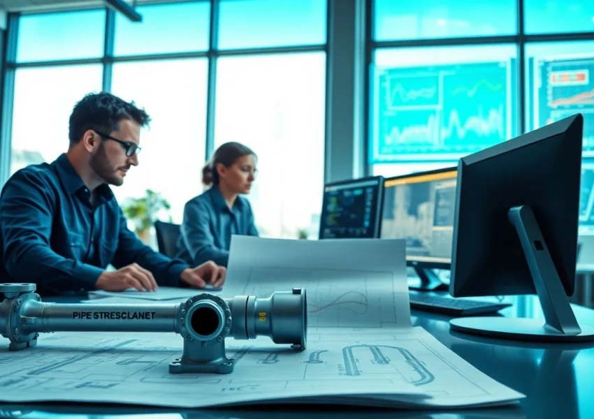 Engineers collaborating at a pipe stress company, showcasing advanced analysis and design techniques.