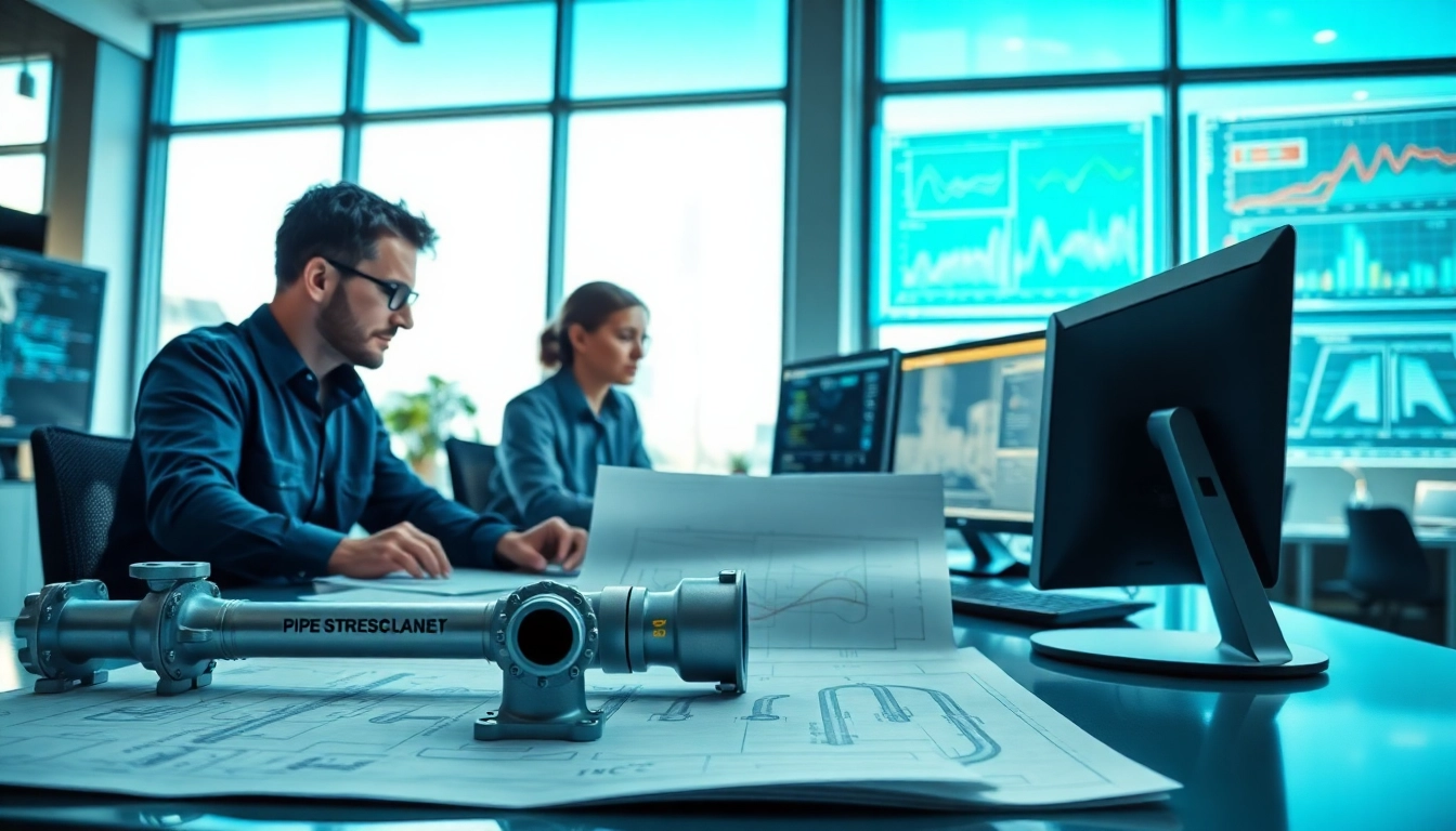 Engineers collaborating at a pipe stress company, showcasing advanced analysis and design techniques.