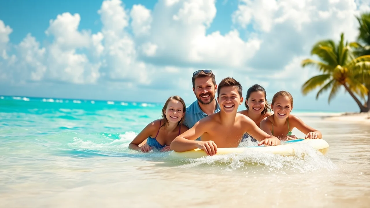 Enjoying a family adventure with Livingstone Vacations Bahamas Travel on a beautiful beach.