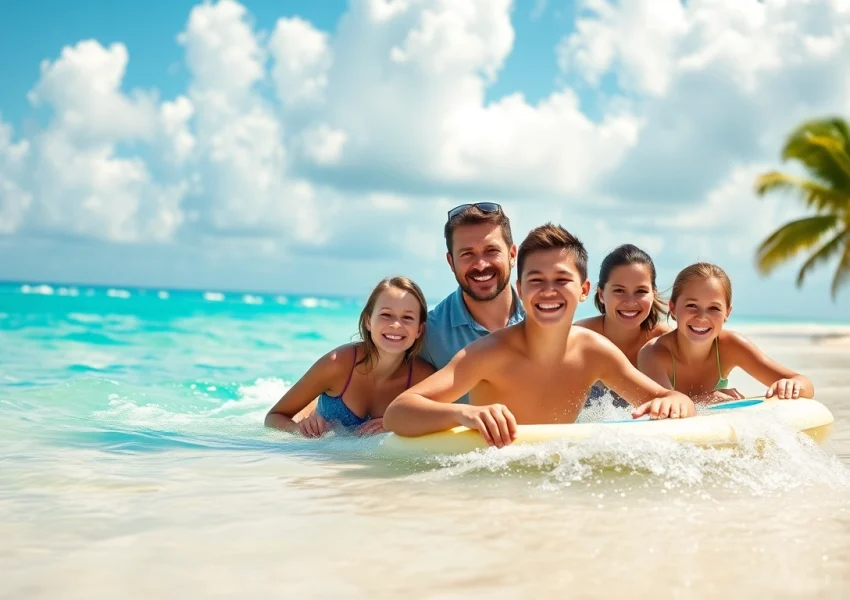Enjoying a family adventure with Livingstone Vacations Bahamas Travel on a beautiful beach.
