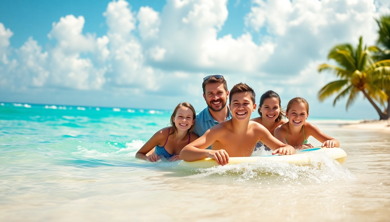 Enjoying a family adventure with Livingstone Vacations Bahamas Travel on a beautiful beach.