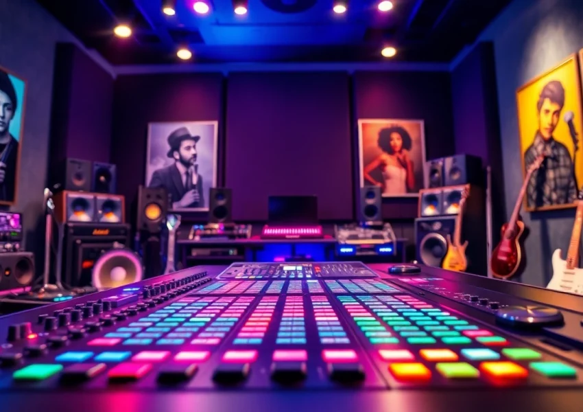 Innovation in music production showcased by a vibrant studio setup with modern technology.