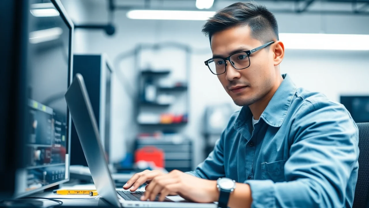 Riparazione computer torino: tecnico esperto ripara un laptop in un centro assistenza moderno.