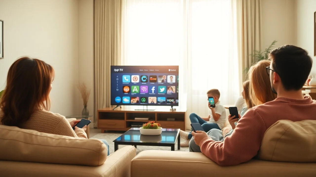 Showcasing iptv services in a stylish living room with a modern TV setup for family entertainment.