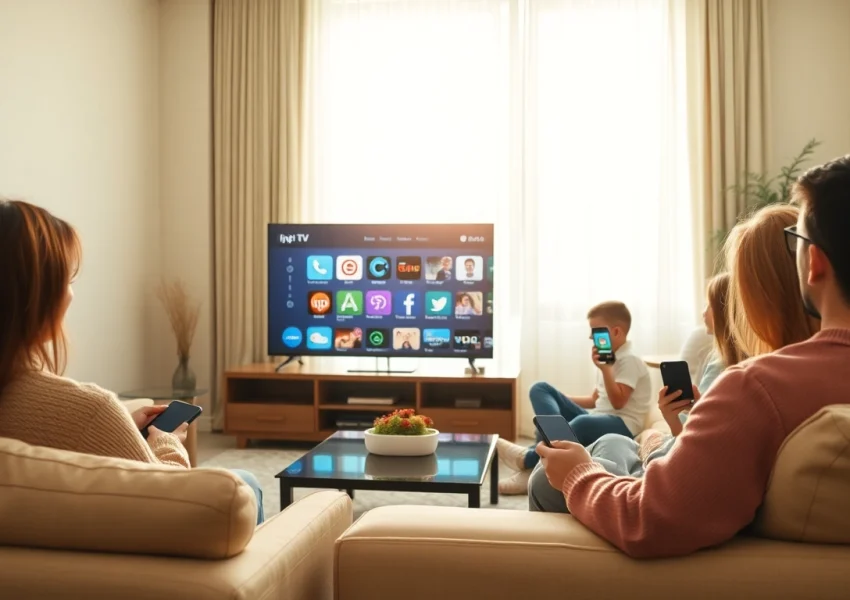 Showcasing iptv services in a stylish living room with a modern TV setup for family entertainment.