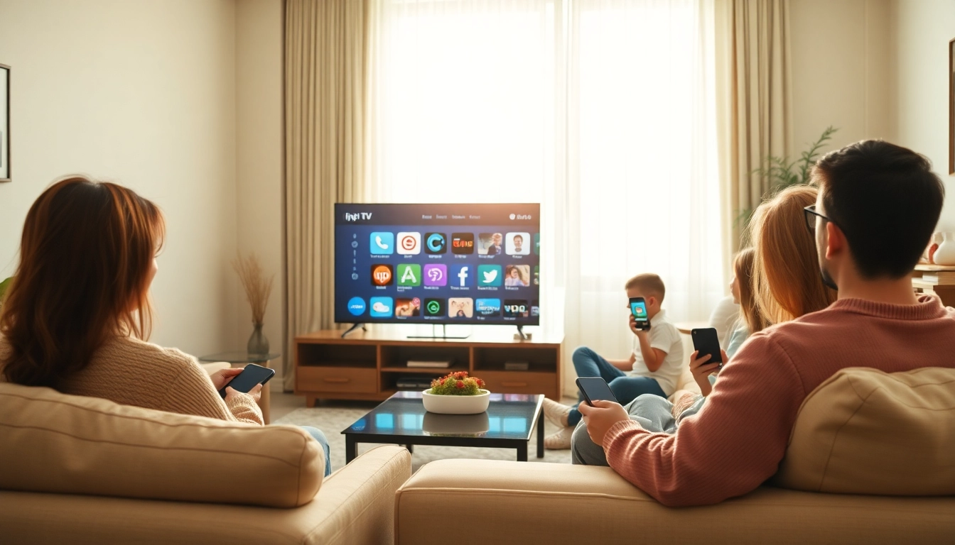 Showcasing iptv services in a stylish living room with a modern TV setup for family entertainment.