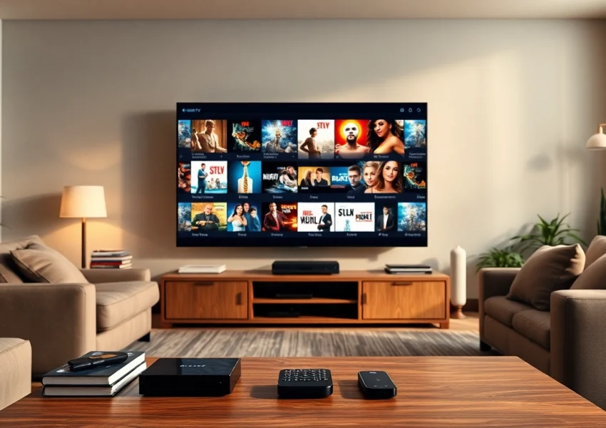 Experience the exciting 24h IPTV test in a cozy home entertainment setup with vibrant channel displays.