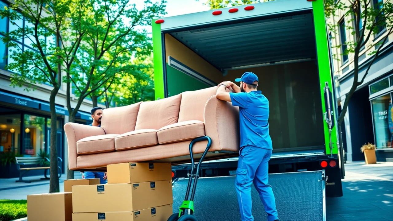 Moving company Canada workers efficiently loading furniture into a branded truck on a city street.