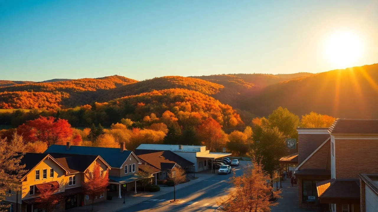 Clarksburg's vibrant fall landscape with quaint buildings and families enjoying the community atmosphere.