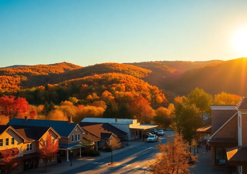 Clarksburg's vibrant fall landscape with quaint buildings and families enjoying the community atmosphere.
